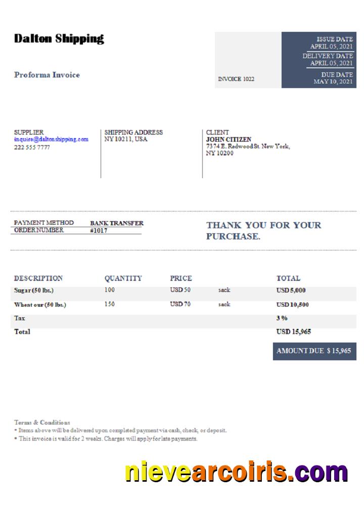 USA Dalton Shipping invoice